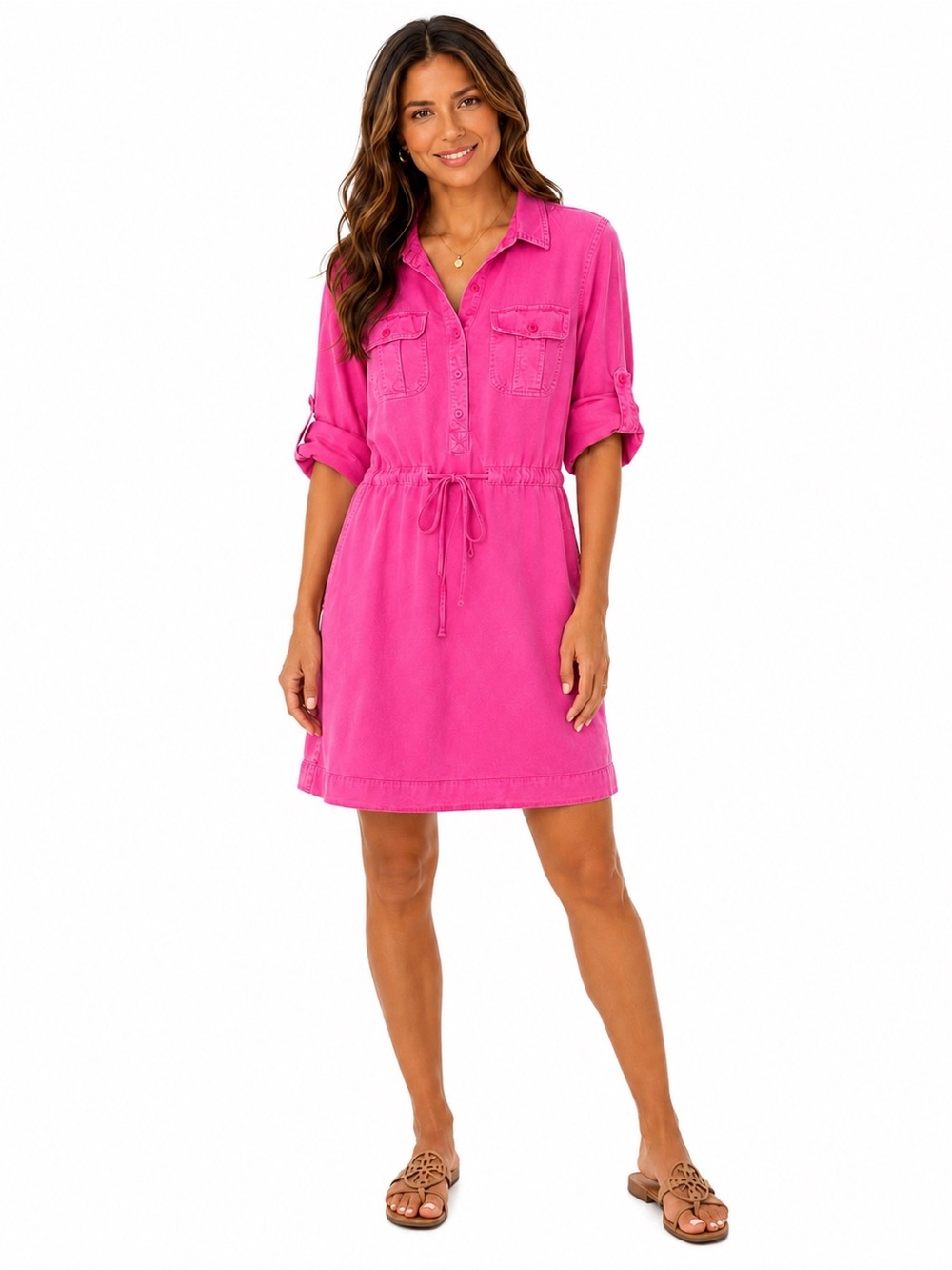 J.Crew Neon Pink Utility Shirt Dress Size 6 Lyocell Cotton Roll Tab Sleeves